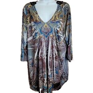 Unity World Wear Womens V-Neck Embroidered 3/4 Sleeve Blouse Plus 3X Knit Fall